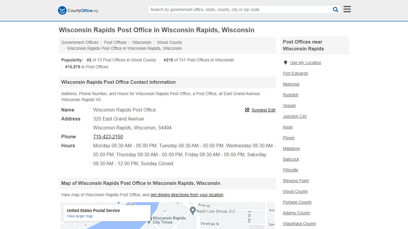 Wisconsin Rapids Post Office in Wisconsin Rapids, Wisconsin - County Office